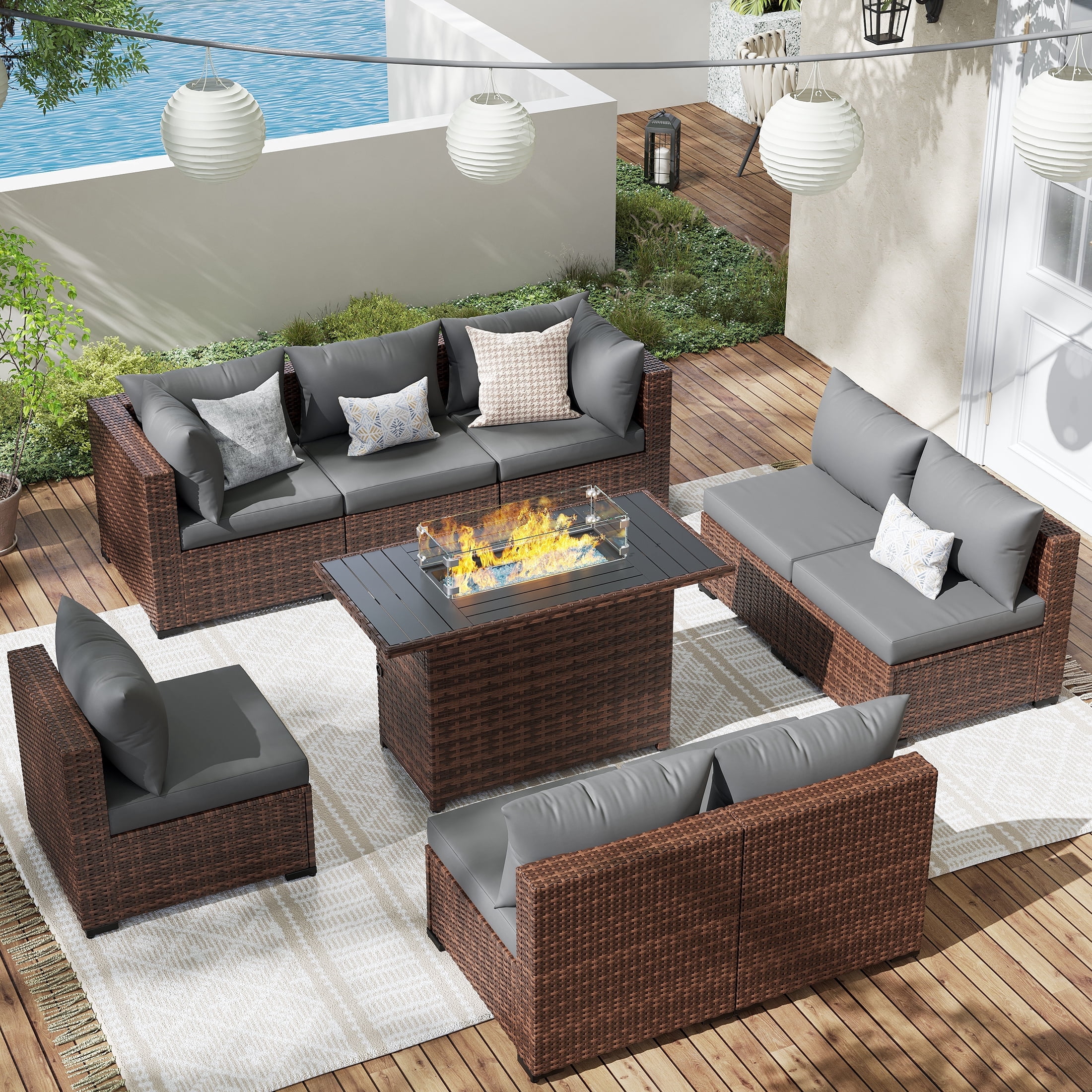 ELPOSUN Patio Furniture Set, Outdoor Patio Furniture Wicker Sectional Furniture Couch Set, 9 Pieces Outdoor Sectional Sofa with Fire Pit Table, Outdoor Patio Set for Outdoor Furniture (Grey)