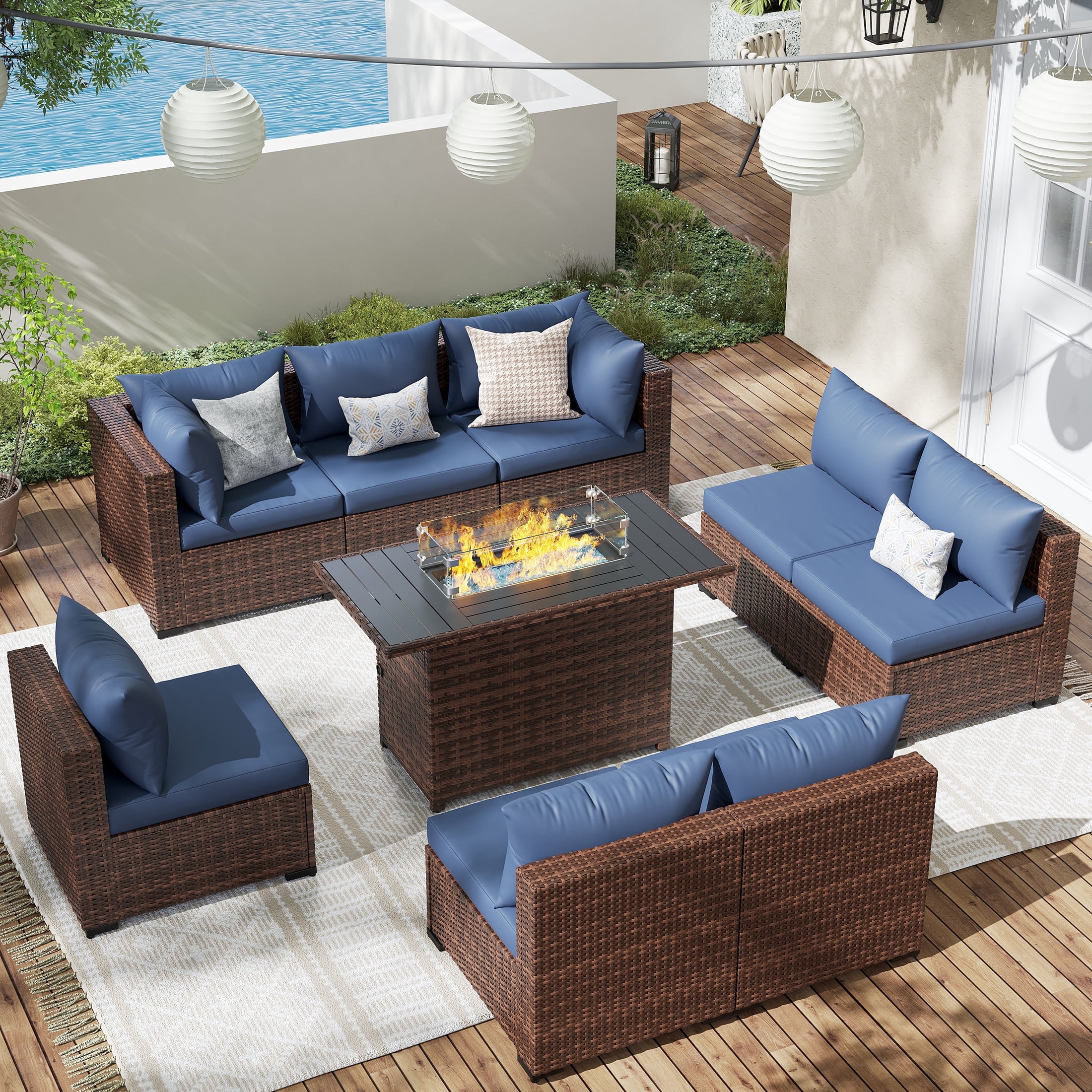 ELPOSUN Patio Furniture Set, Outdoor Patio Furniture Wicker Sectional Furniture Couch Set, 9 Pieces Outdoor Sectional Sofa with Fire Pit Table, Outdoor Patio Set for Outdoor Furniture (Navy Blue)