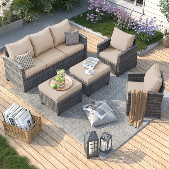 ELPOSUN Patio Furniture Sets, 5 Pieces Outdoor Patio Sectional Sofa Set, All-Weather Wicker Rattan Outdoor Conversation Set with Ottoman Thick Khaki Cushion for Poolside, Backyard