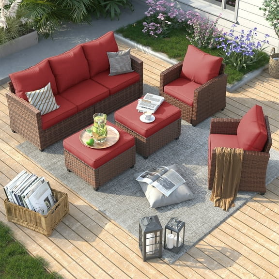 ELPOSUN Patio Furniture Sets, 5 Pieces Outdoor Patio Sectional Sofa Set, All-Weather Wicker Rattan Outdoor Conversation Set with Ottoman Thick Wine Red Cushions for Poolside, Backyard