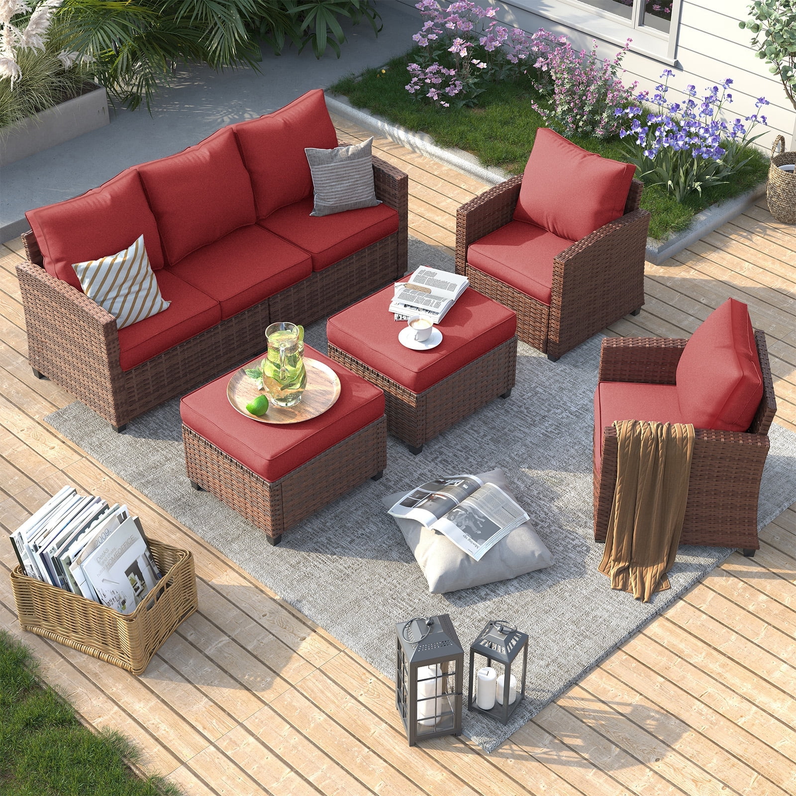 Walmart Coupons of ELPOSUN Patio Furniture Sets, 5 Pieces Outdoor Patio Sectional Sofa Set, All-Weather Wicker Rattan Outdoor Conversation Set with Ottoman Thick Wine Red Cushions for Poolside, Backyard