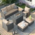 thumbnail image 1 of ELPOSUN Patio Furniture Sets with Fire Pit Table, 6 Pieces Outdoor Patio Sofa Set with Fire Pit Table,Wicker Rattan Outdoor Conversation Set with Ottoman for Poolside, Backyard,Gray Rattan Khaki, 1 of 10