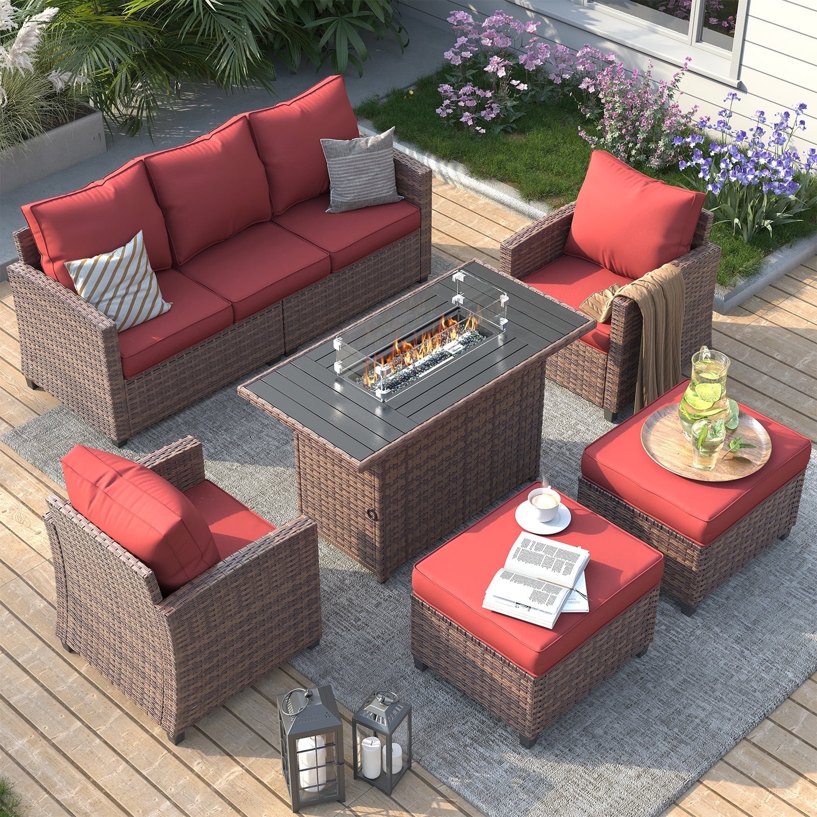 ELPOSUN Patio Furniture Sets with Fire Pit Table, 6 Pieces Outdoor Patio Sofa Set with Fire Pit Table, Wicker Rattan Outdoor Conversation Set with Ottoman for Poolside, Backyard,Brown Rattan Wine Red