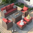 thumbnail image 1 of ELPOSUN Patio Furniture Sets with Fire Pit Table, 6 Pieces Outdoor Patio Sofa Set with Fire Pit Table, Wicker Rattan Outdoor Conversation Set with Ottoman for Poolside, Backyard,Brown Rattan Wine Red, 1 of 11