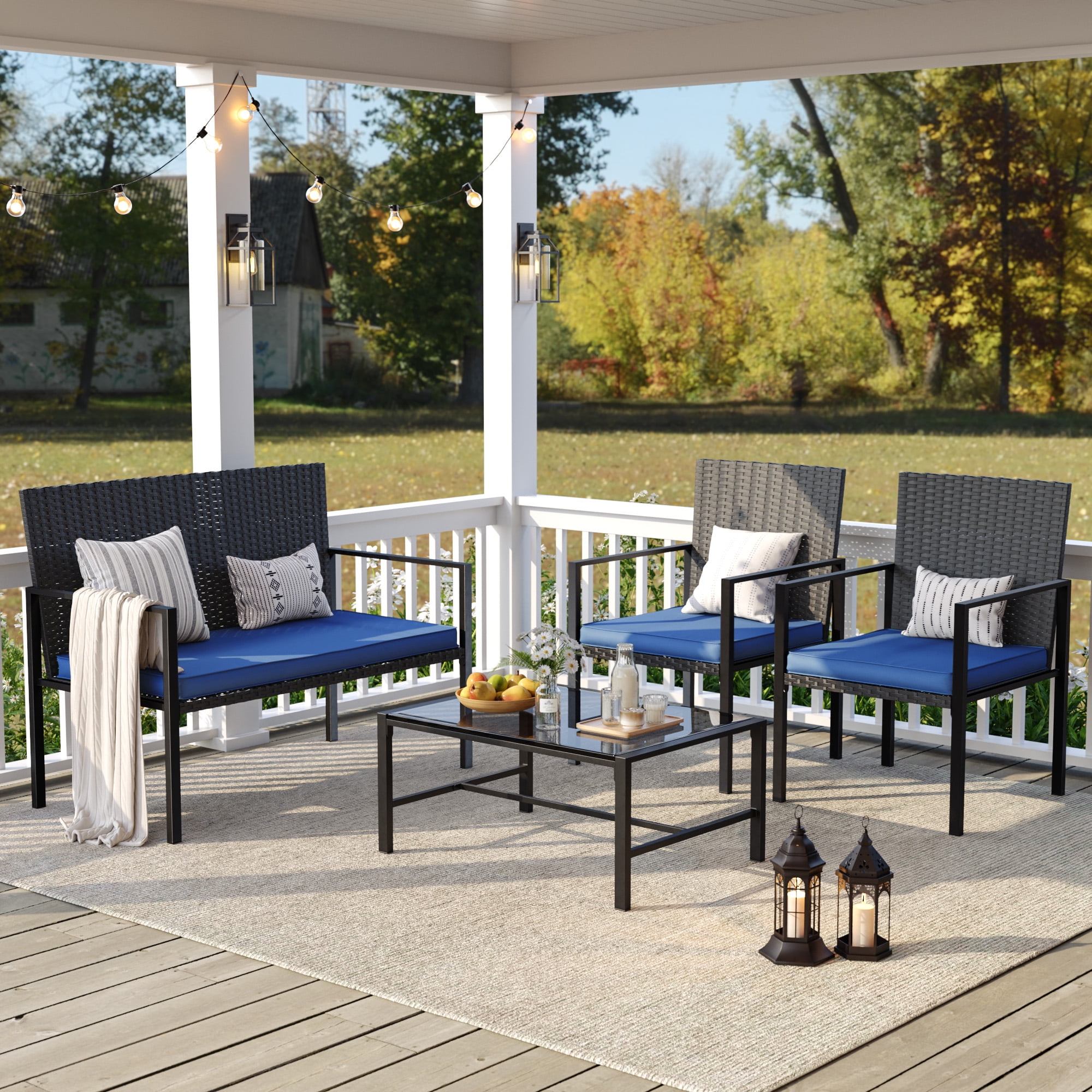 ELPOSUN Patio Furniture Sets for 4, 4 Pieces Patio Comversation Set with Glass Coffee Table,for Backyard Balcony Lawn Pool,Black/BLUE