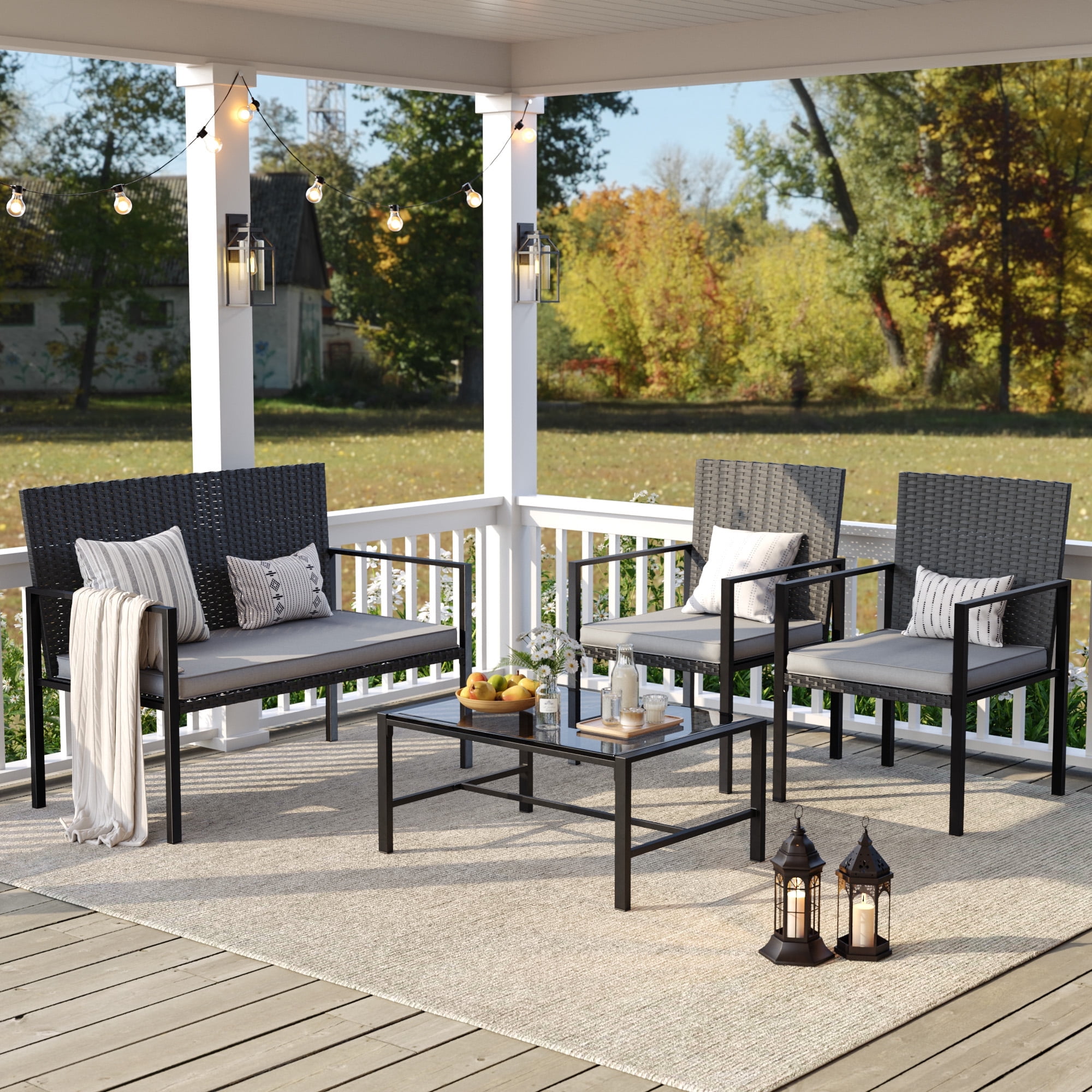 ELPOSUN Patio Furniture Sets for 4, 4 Pieces Patio Comversation Set with Glass Coffee Table,for Backyard Balcony Lawn Pool,Black/Gray