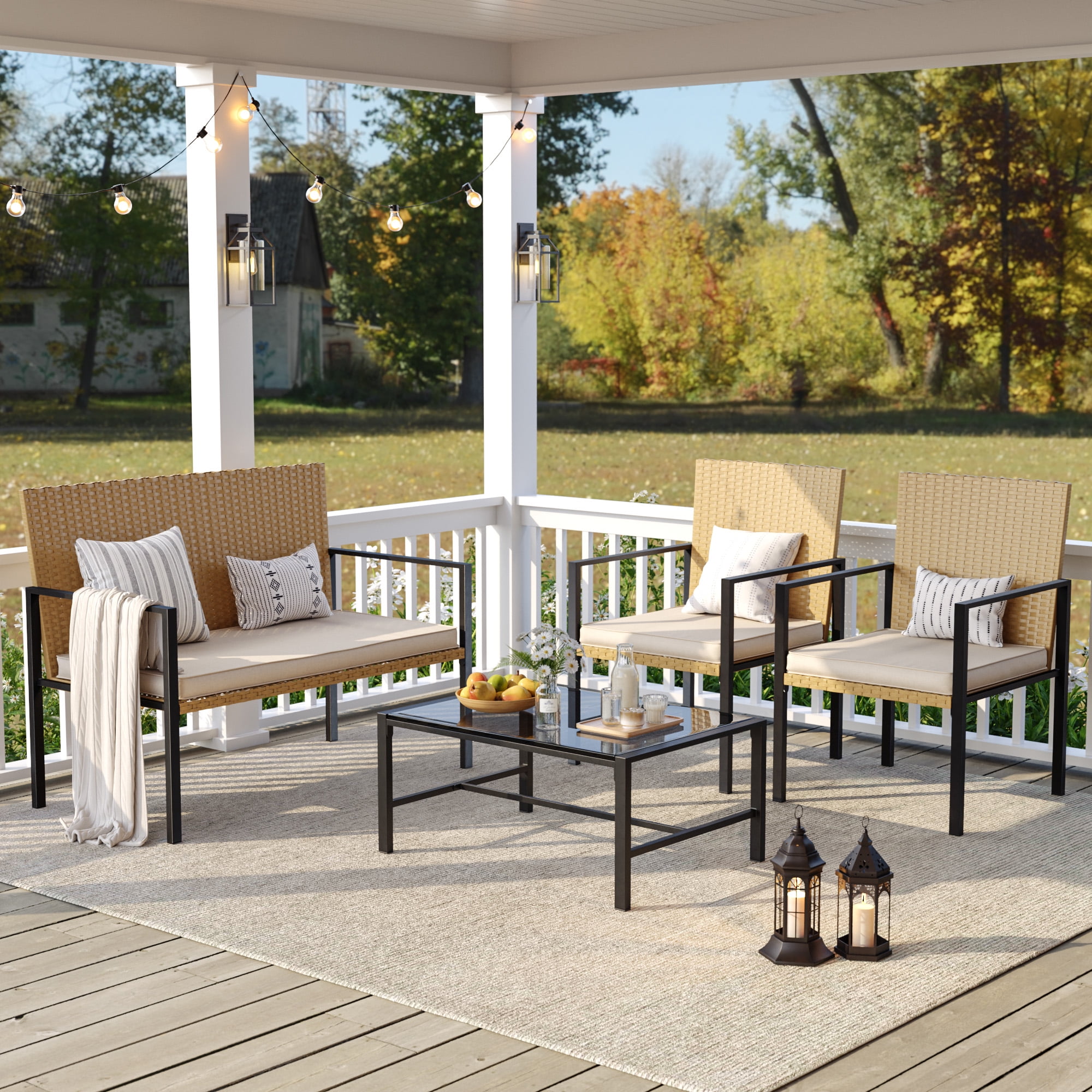 ELPOSUN Patio Furniture Sets for 4, 4 Pieces Patio Comversation Set with Glass Coffee Table,for Backyard Balcony Lawn Pool,Yellow/Beige