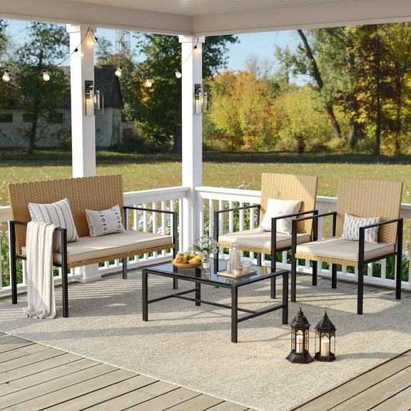 ELPOSUN Patio Furniture Sets for 4, 4 Pieces Patio Comversation Set with Glass Coffee Table,for Backyard Balcony Lawn Pool,Yellow/Beige