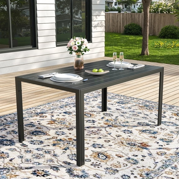 ELPOSUN Patio Outdoor Dining Table Rectangular for 6，All-Weather Resistance Metal Furniture Table with Umbrella Hole for Garden Backyard，deck，black