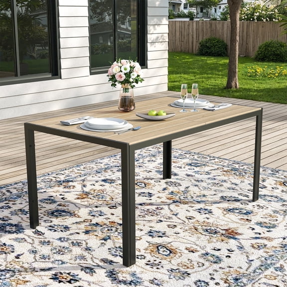 ELPOSUN Patio Outdoor Dining Table Rectangular for 6,All-Weather Resistance Metal Furniture Table with Umbrella Hole for Garden Backyard deck,brown