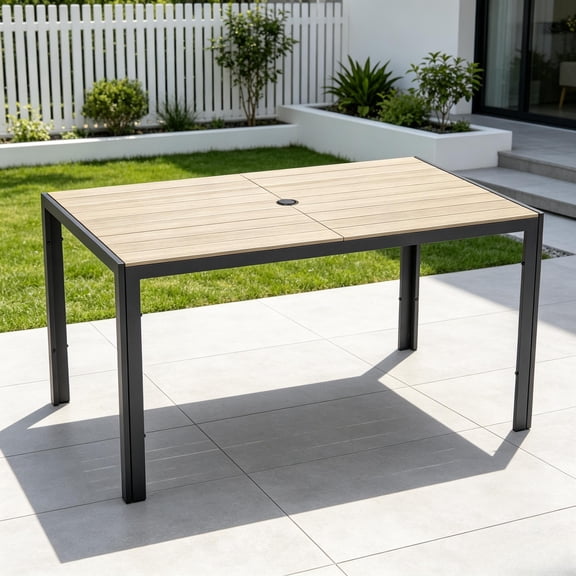 ELPOSUN Patio Outdoor Dining Table Rectangular for 6，All-Weather Resistance Metal Furniture Table with Umbrella Hole for Garden, Backyard，deck，brown