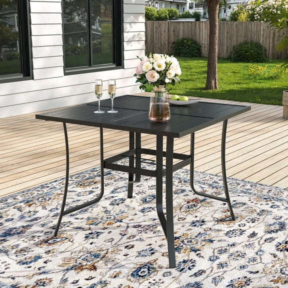 ELPOSUN Patio Outdoor Dining Table Square for 4，All-Weather Resistance Metal Furniture Table with Umbrella Hole for Garden Backyard deck