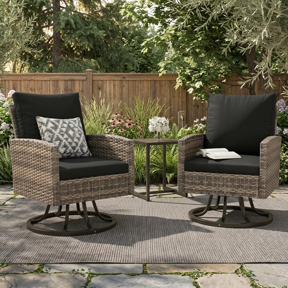 ELPOSUN Patio Outdoor Swivel Chair Set, 3 Pieces Wicker Patio Bistro Furniture Set with Side Table for Garden, Backyard, porch,Black