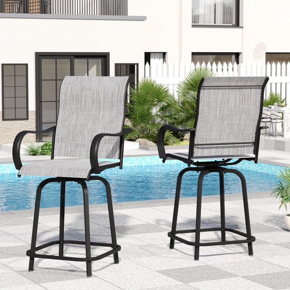 ELPOSUN Patio Swivel Bar Stools Chair of 2, Outdoor Bar Height Set, All Weather High Back and Armrest Rocking Stools & Bar Chairs for Backyard, Lawn Garden, Balcony and Pool, Grey White