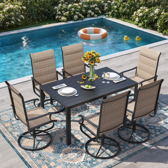 ELPOSUN 7 Piece Outdoor Patio Dining Set Swivel High Back Padded Textilene Chairs and Rectangle Table Furniture Set, Khaki