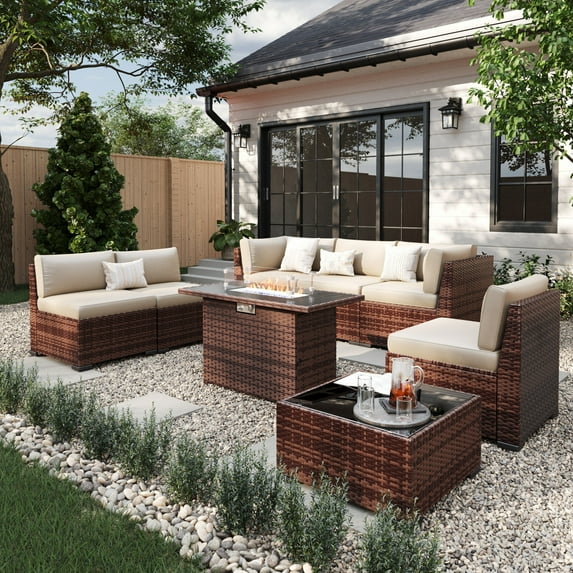 ELPOSUN 8 Pieces Patio Furniture Set with Fire Pit Table, Outdoor Furniture Sectional Rattan Sofa for Backyard Garden Khaki
