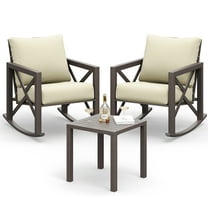 ELPOSUN Rocking Bistro Set, 3 Piece Outdoor Patio Furniture Set with 2 Rockers and 1 Metal Coffee Table, Rattan Conversation Sets with Thick Cushions for Backyard, Porch, Poolside (Beige)