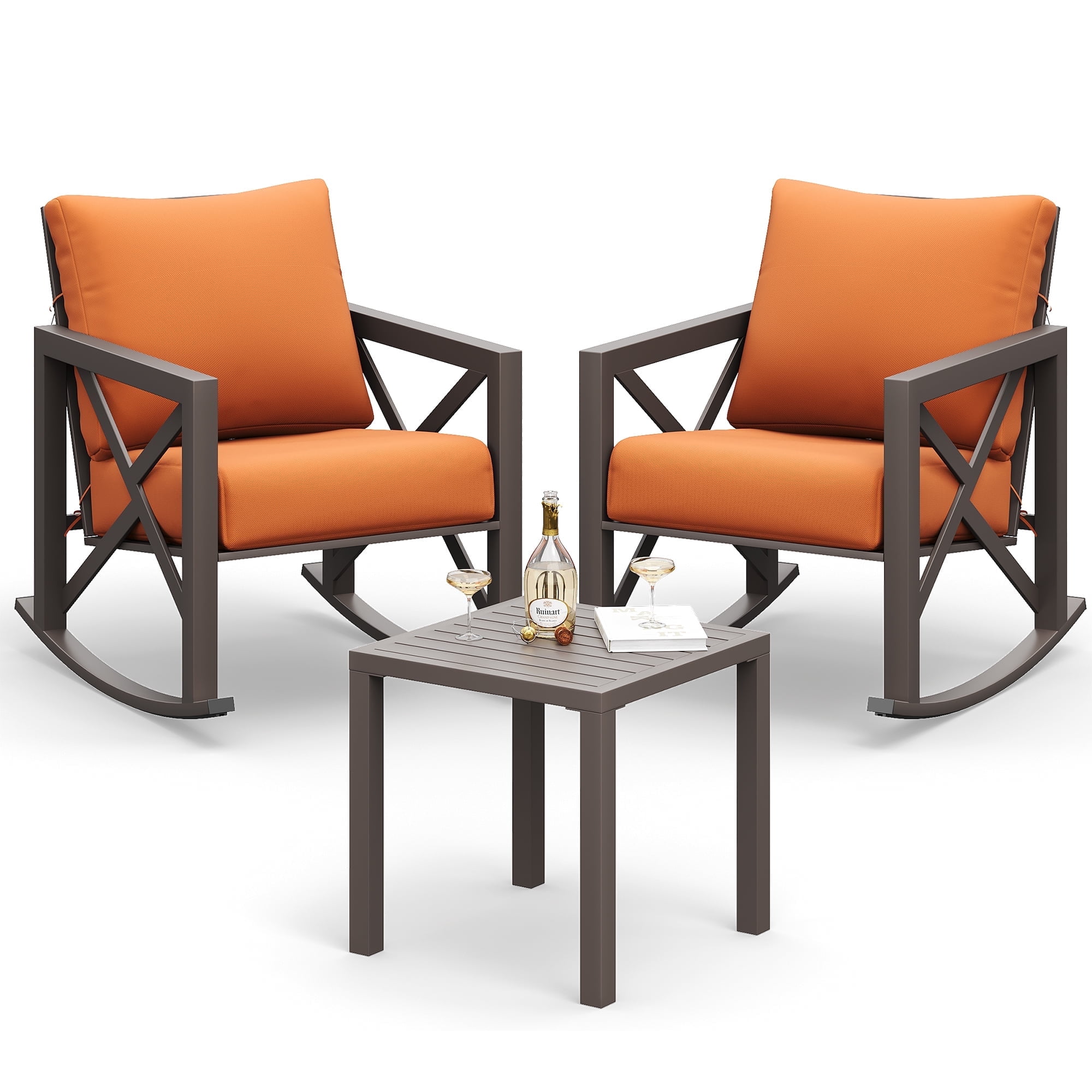 ELPOSUN Rocking Bistro Set, 3 Piece Outdoor Patio Furniture Set with 2 Rockers and 1 Metal Coffee Table, Rattan Conversation Sets with Thick Cushions for Backyard, Porch, Poolside (Orange)