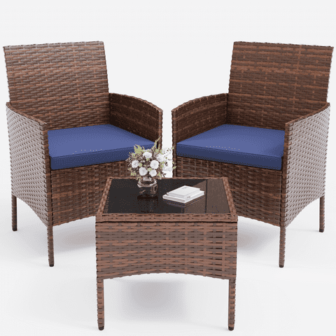 ELPOSUN 3 Piece Outdoor Patio Furniture Set Bistro Set with Coffee Table, Wicker Rattan Conversation Sets for Backyard, Porch, Poolside (Blue)