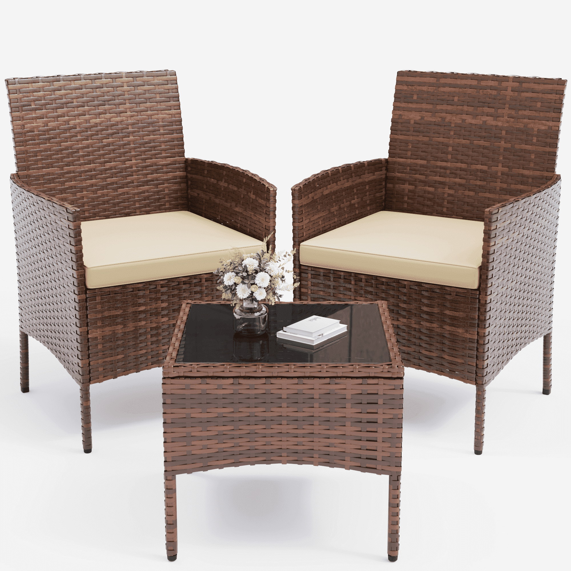 ELPOSUN 3 Piece Outdoor Patio Furniture Set Bistro Set with Coffee Table, Wicker Rattan Conversation Sets for Backyard, Porch, Poolside (Beige)