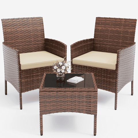 ELPOSUN 3 Piece Outdoor Patio Furniture Set Bistro Set with Coffee Table, Wicker Rattan Conversation Sets for Backyard, Porch, Poolside (Beige)