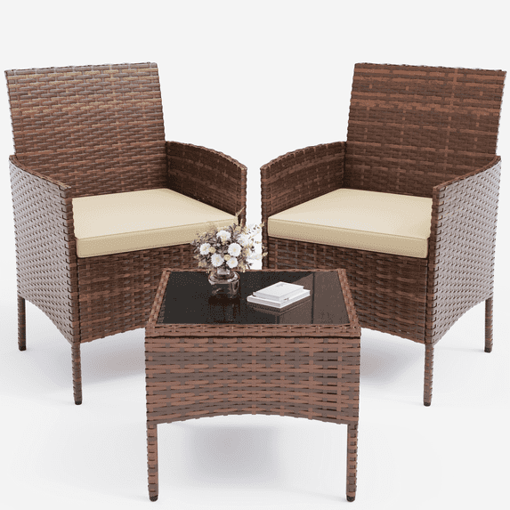 ELPOSUN 3 Piece Outdoor Patio Furniture Set Bistro Set with Coffee Table, Wicker Rattan Conversation Sets for Backyard, Porch, Poolside (Beige)