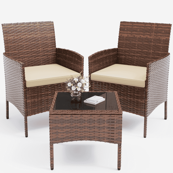 ELPOSUN 3 Piece Outdoor Patio Furniture Set Bistro Set with Coffee Table, Wicker Rattan Conversation Sets for Backyard, Porch, Poolside (Beige)