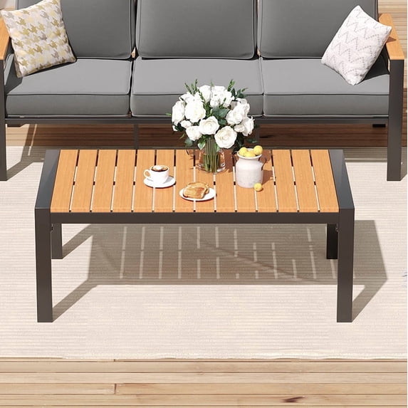 ELPOSUN Outdoor Coffee Table, Aluminum Modern Patio Coffee Tables with Imitation Wood Top for Balcony Garden Backyard, Dark Grey