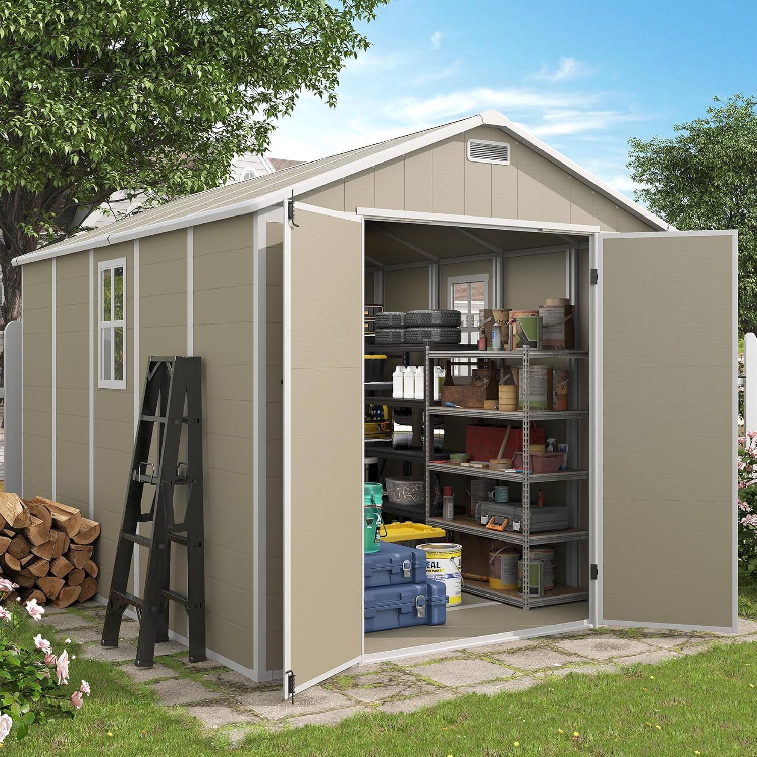 ELPOSUN Storage Shed 8 x 10 FT, Resin Outdoor Garden Sheds with Floor Plastic Patio Outdoor Storage with Lockable Door for Tool, Bike,Light Brown