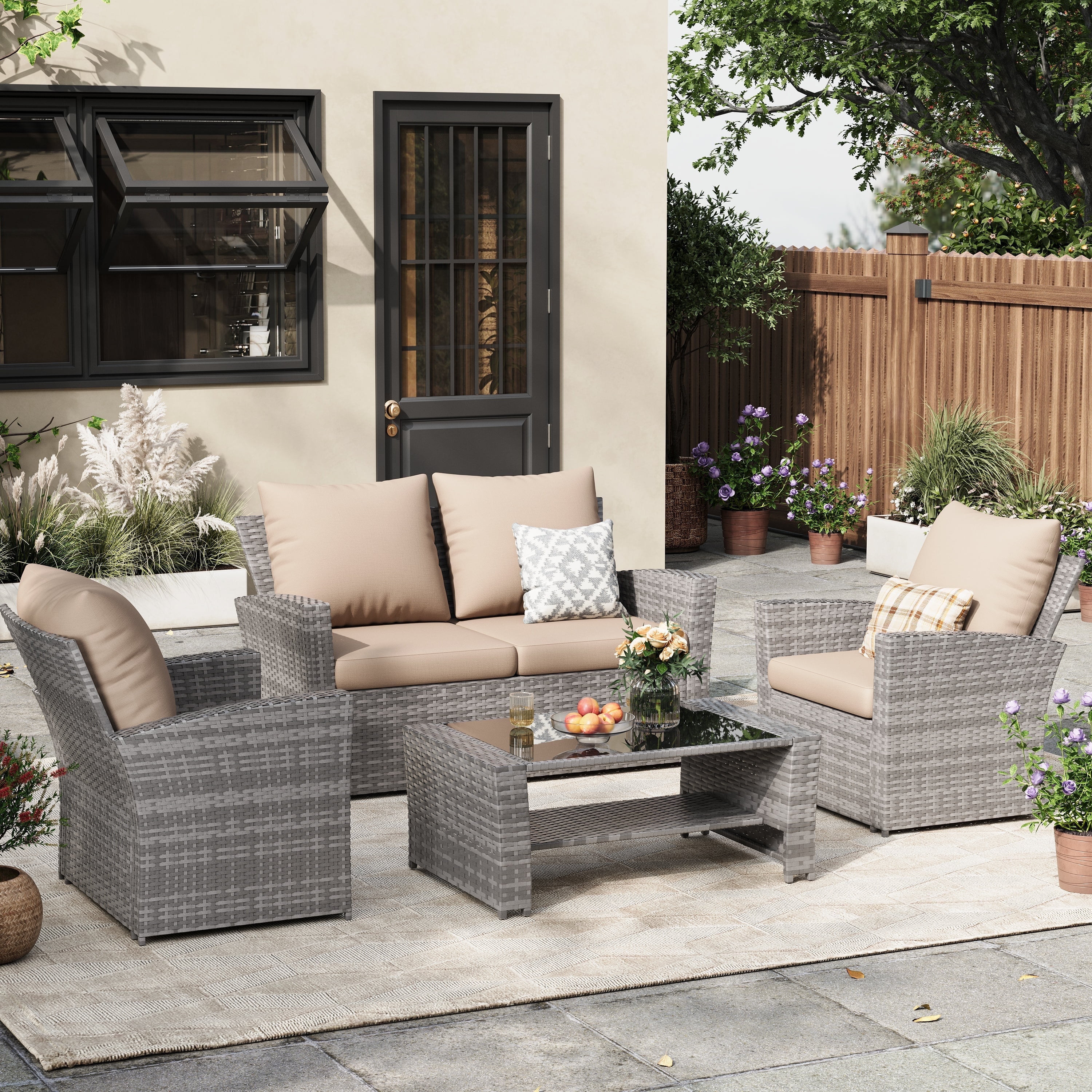 ELPOSUN 4 Piece Outdoor Wicker Patio Set, PE Rattan Sofa for Balcony/Porch, Gray/Khaki