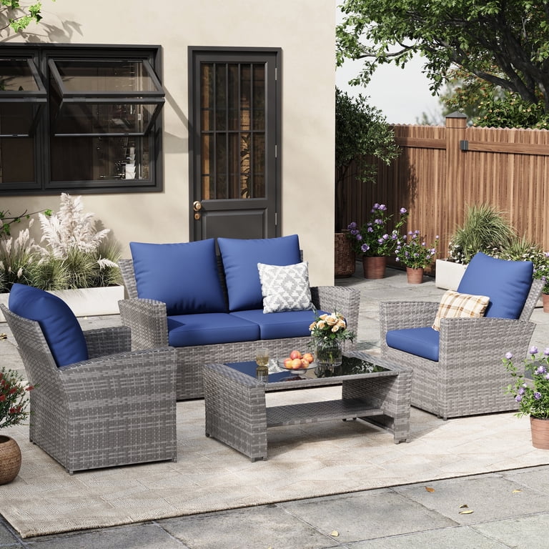 Pe Rattan ELPOSUN Outdoor Wicker Patio Sectional Sofa 4-Piece Set Gray PE Rattan ...