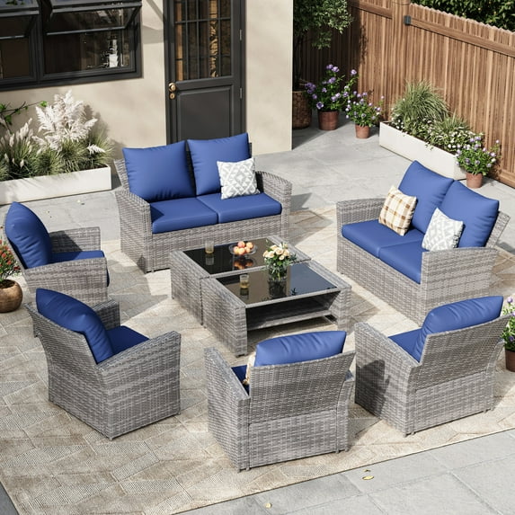 ELPOSUN Wicker Patio Furniture Set Outdoor Sectional Sofa 8-Piece with Gray PE Rattan, Navy Blue
