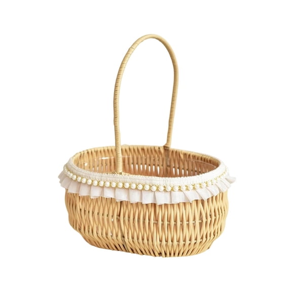 ELQCSG Elegant Wicker Flower Basket for Country Style Wedding, Hand-Woven Egg Storage Basket with Handle, Small Outdoor Festive Picnic Basket Beige