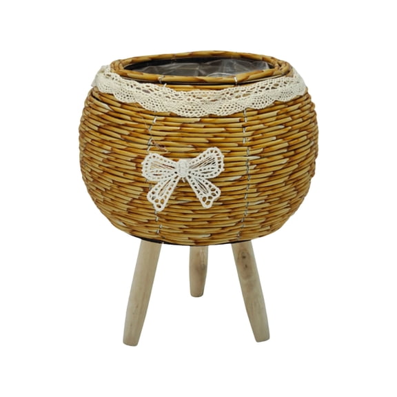 ELQCSG Woven Flower Pot Stand with Wooden Tripod Legs Decorative Indoor & Outdoor Planter Holder for Home & Garden Decor, 4.72''x7.48'' Yellow