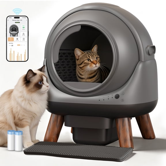 ELS PET Self Cleaning Litter Box for Multiple Cats, G1 Automatic Litter Box with Smart APP Control & Health Monitoring, Includes 2 Roll Trash Bags and Litter Mat (Grey)