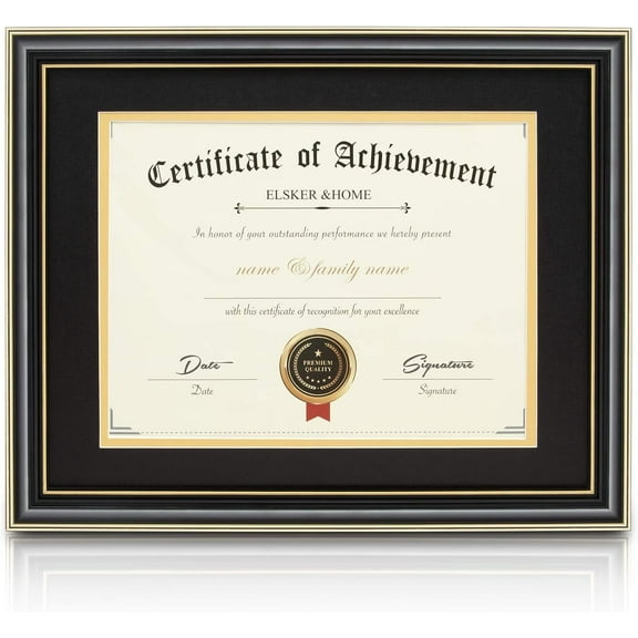 ELSKER&HOME 8.5 x 11 Diploma Frame with Mat,High Gloss Black Wood Color Frame,Made for 8.5x11 Inch Certificate/Award Frame with Mat or 11x14 Degree/Document Frame Without Mat (Black with Golden Rim)