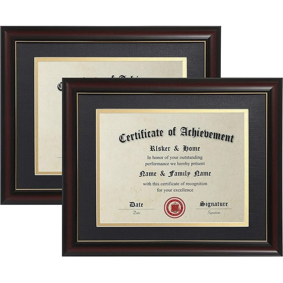 ELSKER&HOME 8.5x11 Diploma Frame - Classic Cherry Wood Color - 2.0 mm Panels - 8.5x11 Inch With Mat -11x14 Inch Without Mat - For Document/Photo (2 Pack, Matte Black with Gold Rim)