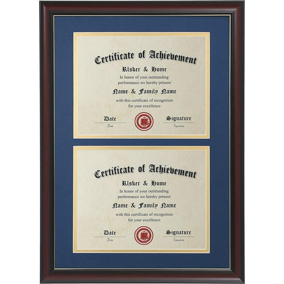ELSKER&HOME Double Certificate Frame-Cherry Wood Color Golden Rim- 2.0 mm Panels-Made for Document&Diploma for Two 8.5x11 Inch with Mat and 14x20 Inch Without Mat(Double Mat,Navy with Golden Rim)