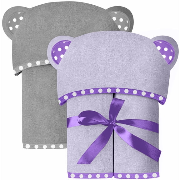 ELSVIN Set of 2 Hooded Baby Towels Purple and Grey Luxurious, Large and Super Absorbent 30 x 30 Inch Soft and Suitable for Infants, Toddlers and Kids 400 GSM