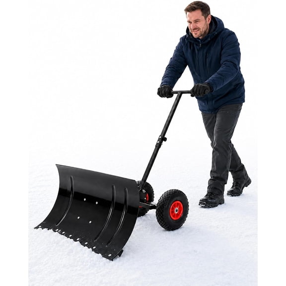 ELTFROH 30 inch Galvanized Blade Heavy-Duty 2-Wheel Snow Pusher Hand Plow for Snow Removal w/Wheels, Adjustable Handle, Blade Angle