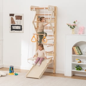 ELTFROH 6-in-1 Swedish Ladder Wall Gym Indoor Kids Playground with Swing Rope Ladder Pull-Up Bar Wooden Wall Mounted Indoor Play Set for Kids Adults