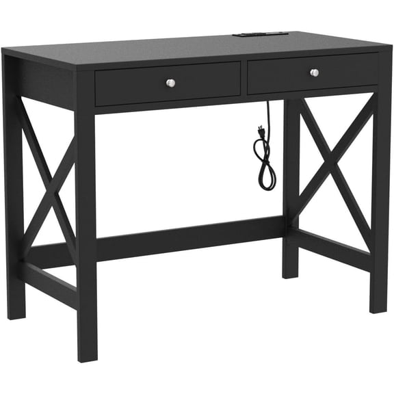 ELUREVIA Computer Desk with USB Charging Ports and Power Outlets, Modern Simple 40 Inches Desk with Drawers, Makeup Vanity Console Table, White