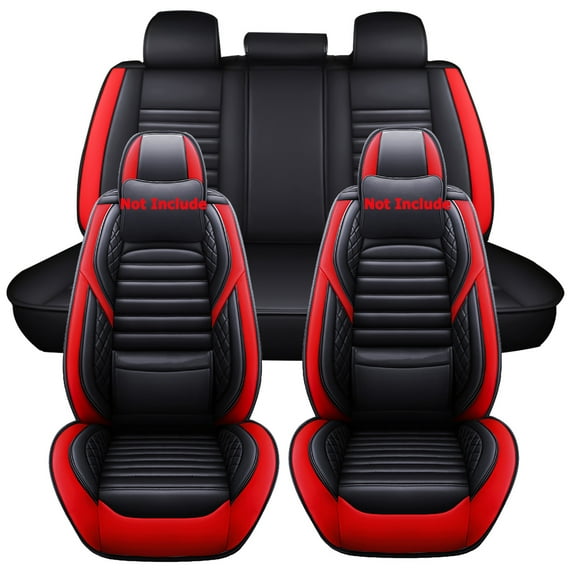 ELUTO 5 Seats Car Seat Covers, Waterproof Pu Leather Front Rear Car Seat Cushion Cover Universal Auto Truck Van SUV, Black&Red-E