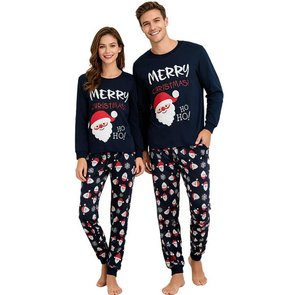 ELUTONG Adult Christmas Pajamas, One set of men's or Women's Long Sleeve Santa Claus Sleepwear Navy Blue or Red S-2XL