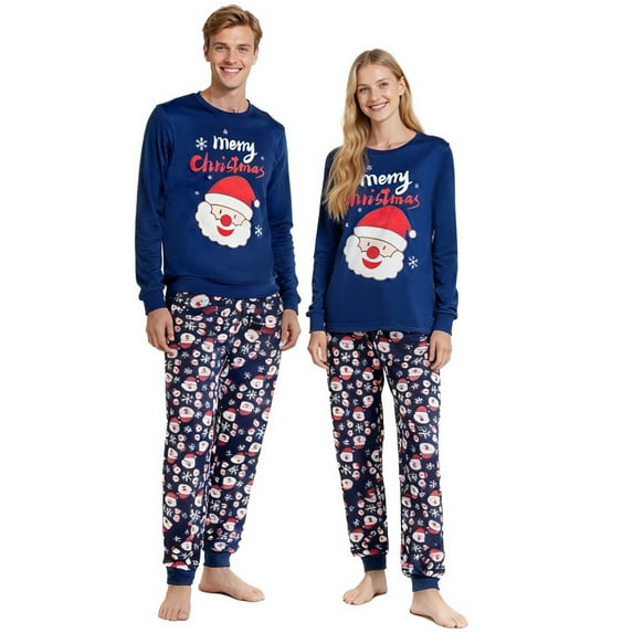 ELUTONG Adult Christmas Pajamas, One set of men's or Women's Long Sleeve Santa Claus and Christmas Snowman Sleepwear Navy Blue S-2XL