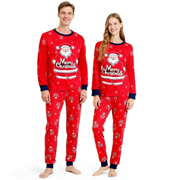 ELUTONG Adult Christmas Pajamas, One set of men's or Women's Long Sleeve Santa Claus and Christmas Snowman Sleepwear Navy Blue S-2XL