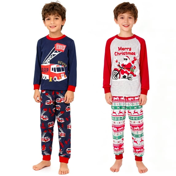 ELUTONG Boy's Christmas Pajamas,2 Sets of Kids' Cotton Long Sleeve Sleepwear with Santa Claus、Car and Astronaut for Boys Girls 2-12T