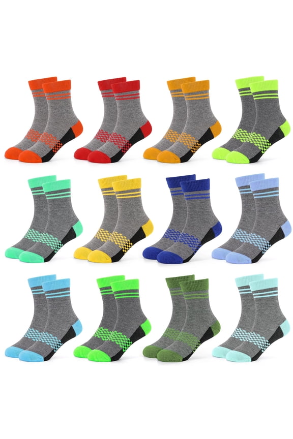 Boys Girls Crew Socks, 12 pairs Athletic Colorful Socks for Kids Aged 2-14