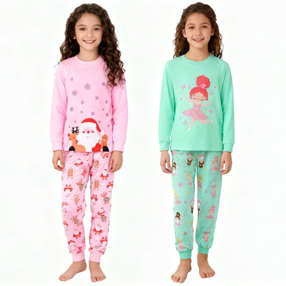 ELUTONG Girl's Christmas Pajamas,2 Sets of Kids' Cotton Long Sleeve Sleepwear with Santa Claus、Mermaid and Ballet Girl for 2-12T