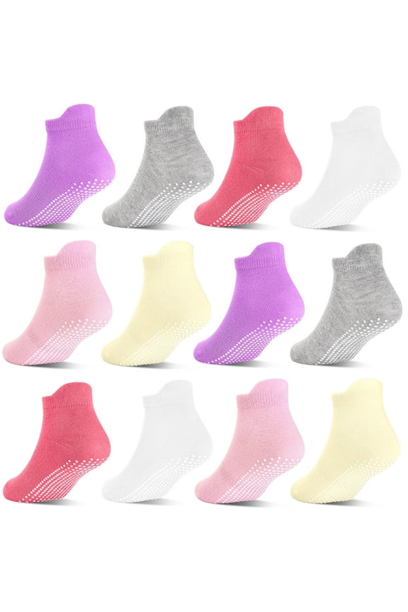 Non Slip Toddler Socks with Grip 12 Pairs Baby Girls Ankle Socks for Kids Children 6 Months-7 Years Old